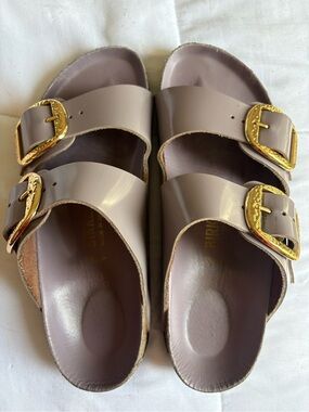 Birkenstock light purple Taupe Suede Arizona Sandals with Gold Buckles